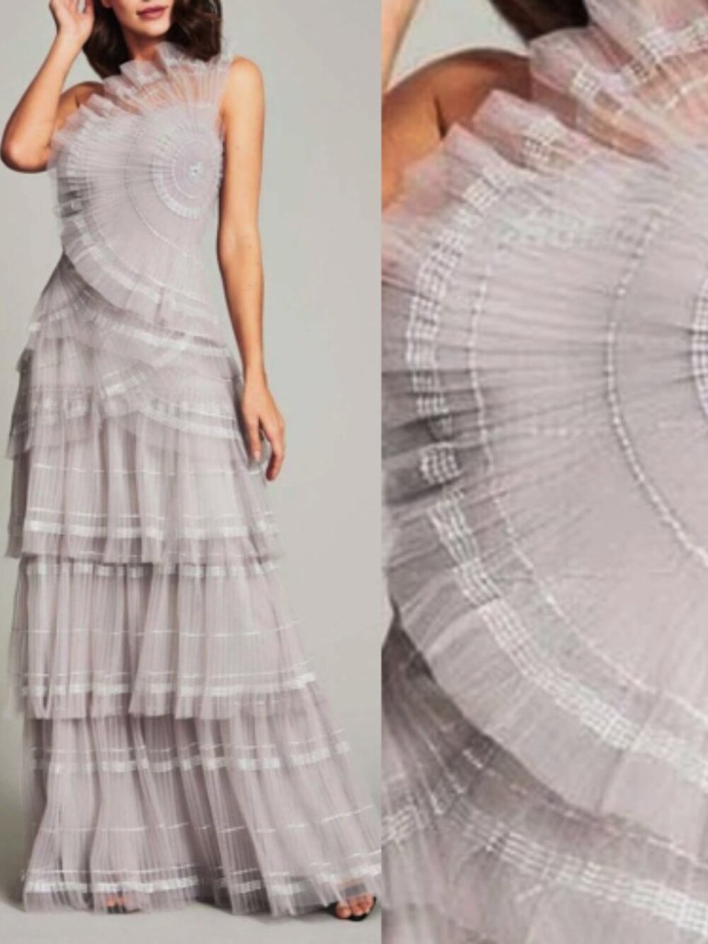 NWT Tadashi Shoji Steph Tulle Pleated Gown Dress Dove Grey Size 00